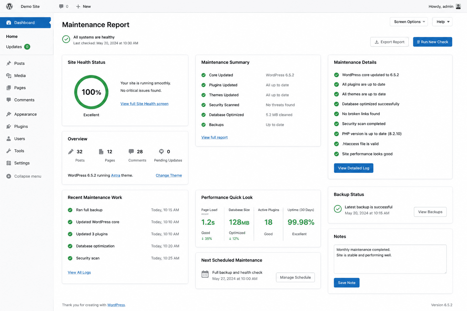 WordPress admin dashboard after maintenance, with core, plugins and themes up to date and site health reporting no critical issues.