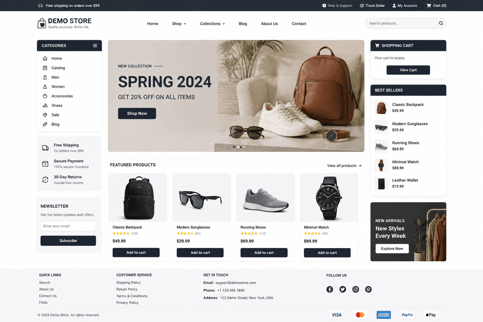 A demo storefront homepage with collections, featured products and checkout links laid out on desktop.