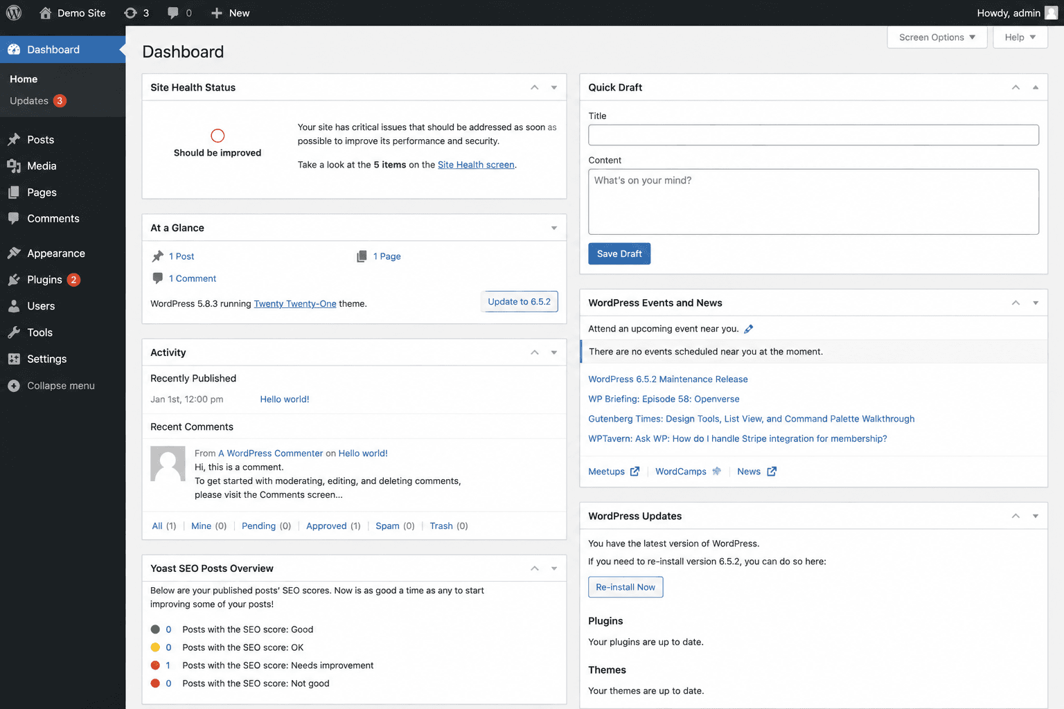 WordPress admin dashboard before maintenance, showing pending core and plugin updates and a site health warning.