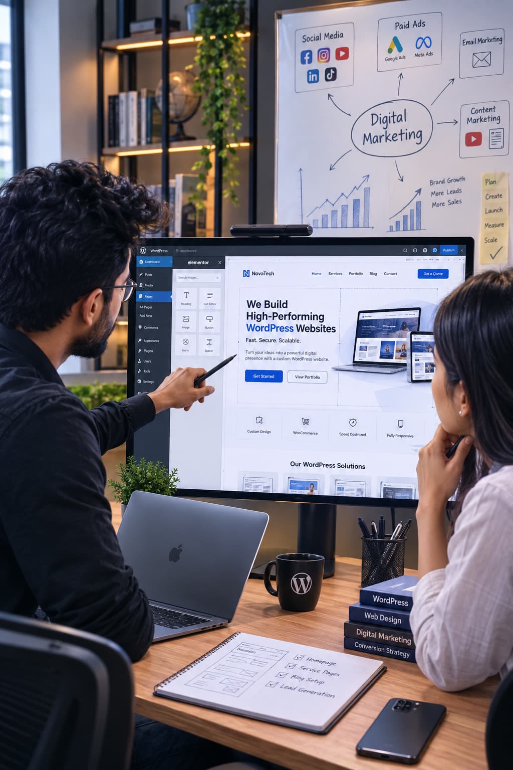 A lead-generation landing page being reviewed on screen alongside a marketing plan.