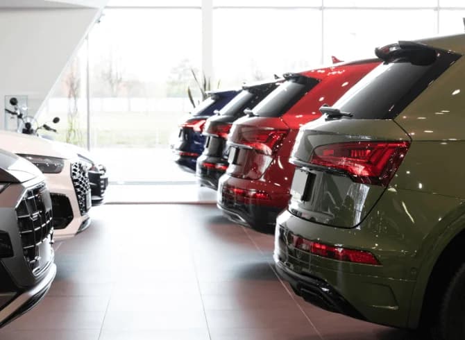 Vehicles displayed in a bright car showroom