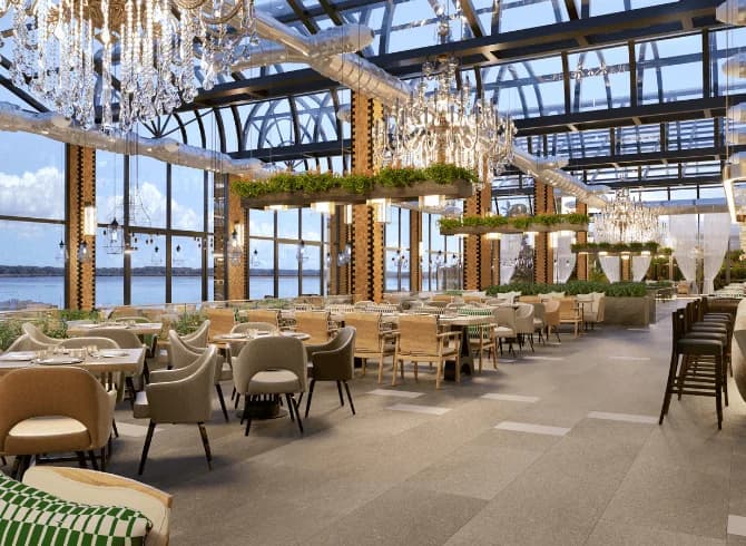 A spacious restaurant dining room