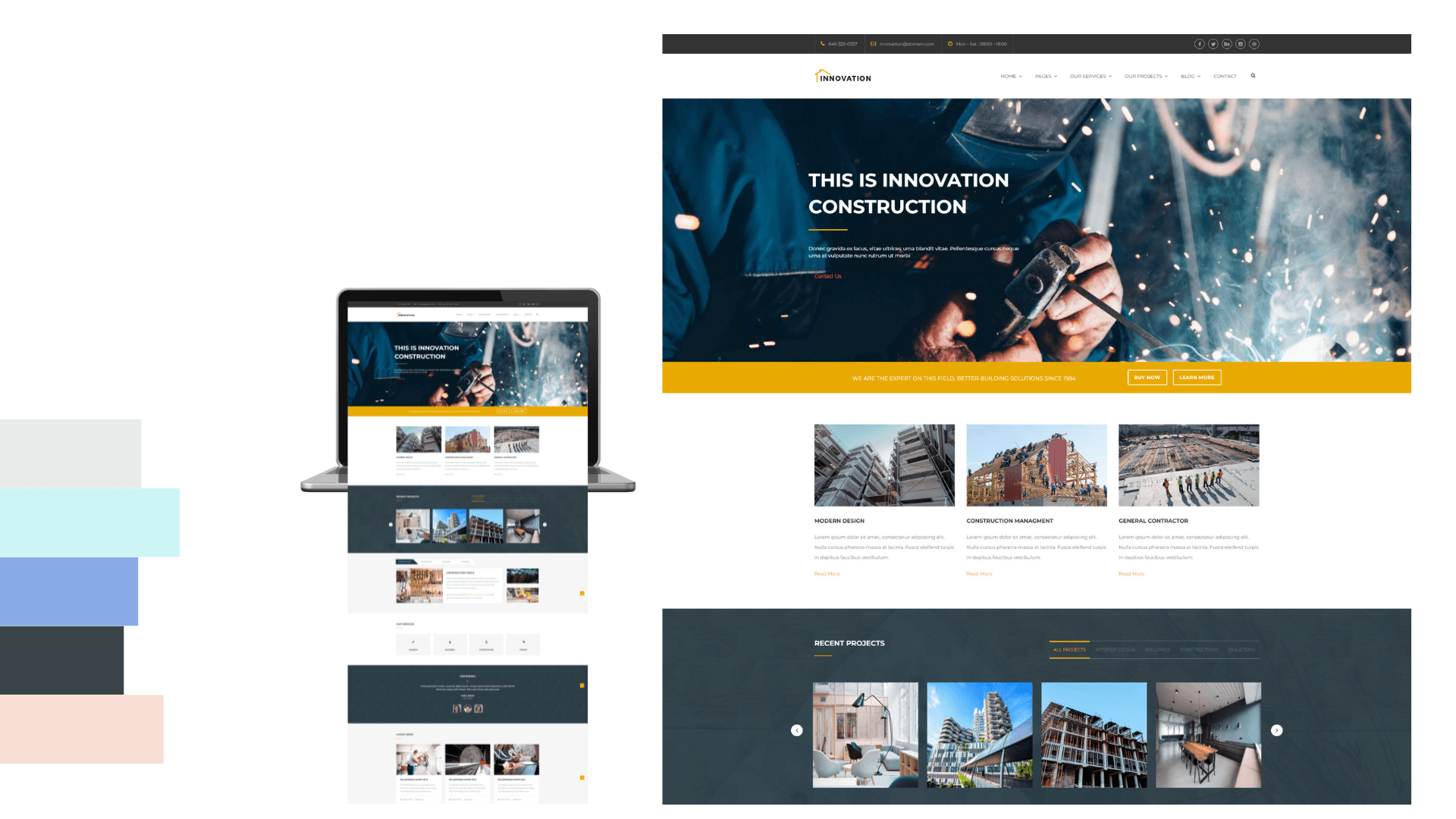 One of the Online Marketing Help website themes shown on desktop, a sample of the full library below.