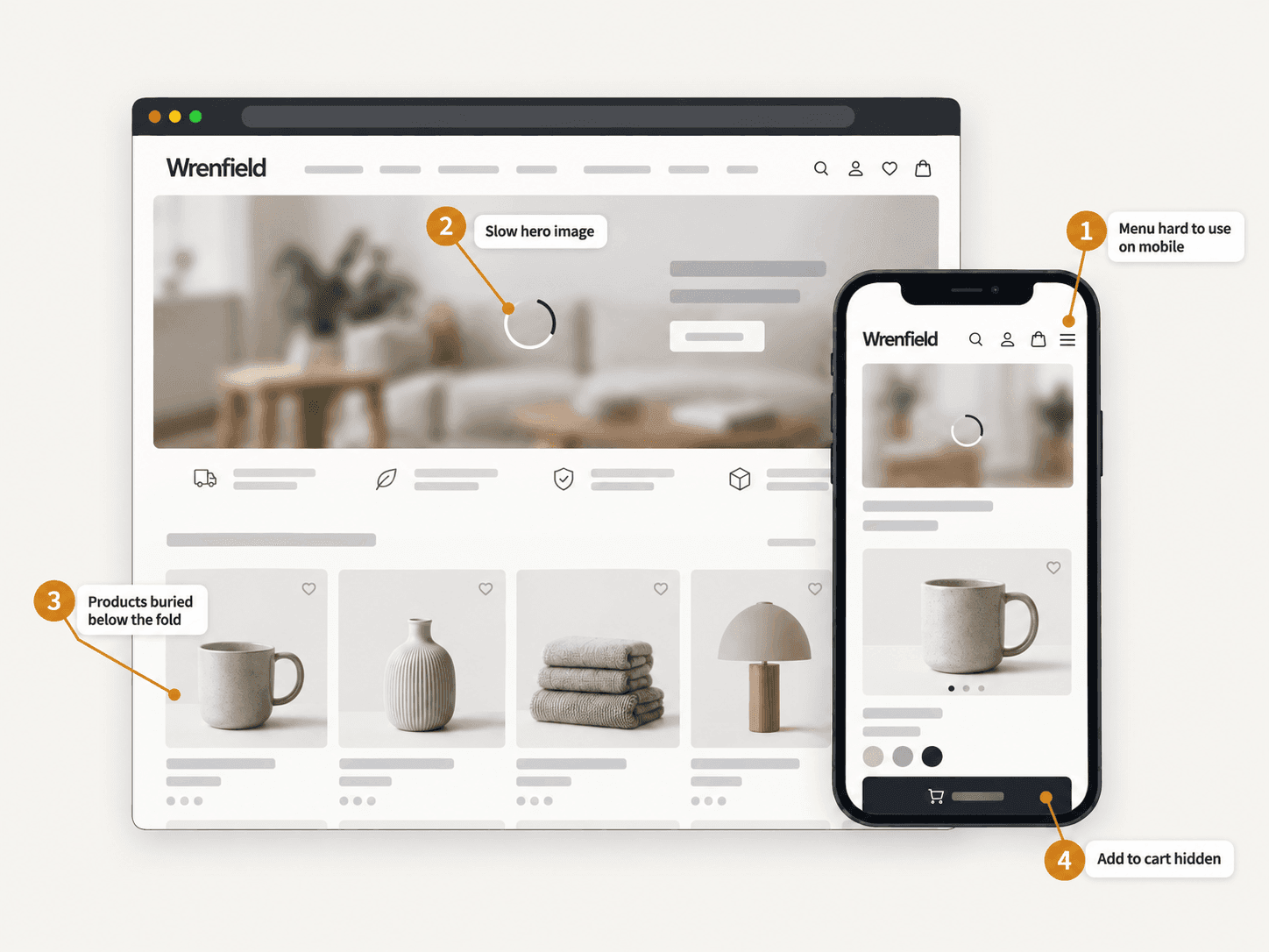A store review on desktop and mobile, annotated with four problems: a menu that is hard to use on mobile, a slow hero image, products buried below the fold and a hidden add-to-cart button.
