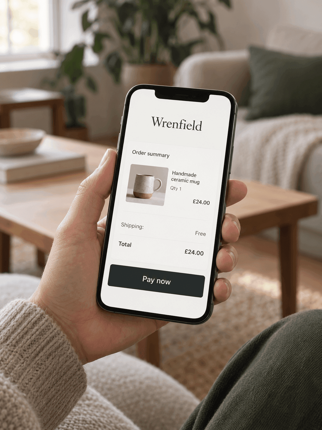 A hand holding a phone showing a simple mobile checkout with a one-item order summary and a Pay now button.