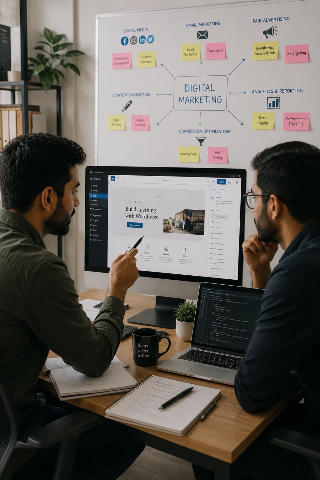 Two marketers planning channels and priorities against a digital marketing map on a whiteboard.