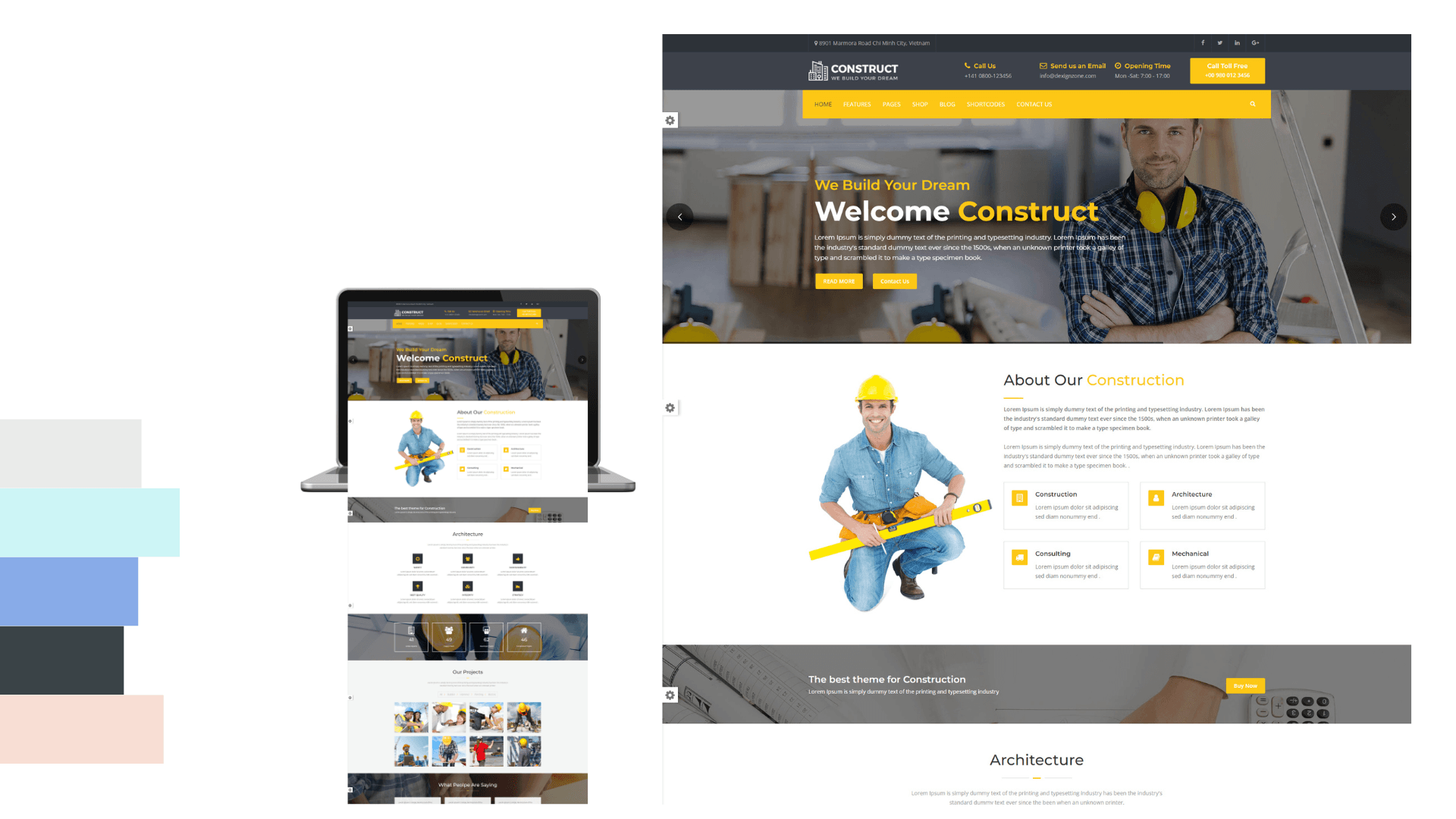 A WordPress website theme shown across desktop and smaller screens.