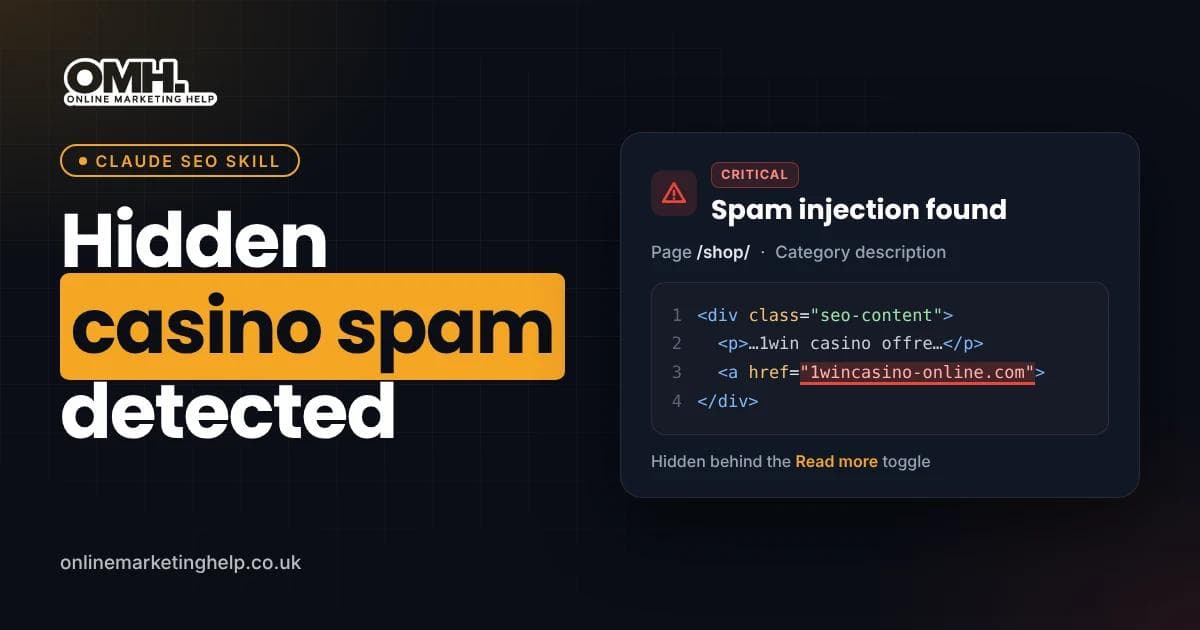Claude SEO skill flagging casino spam during an AI SEO audit of a shop page