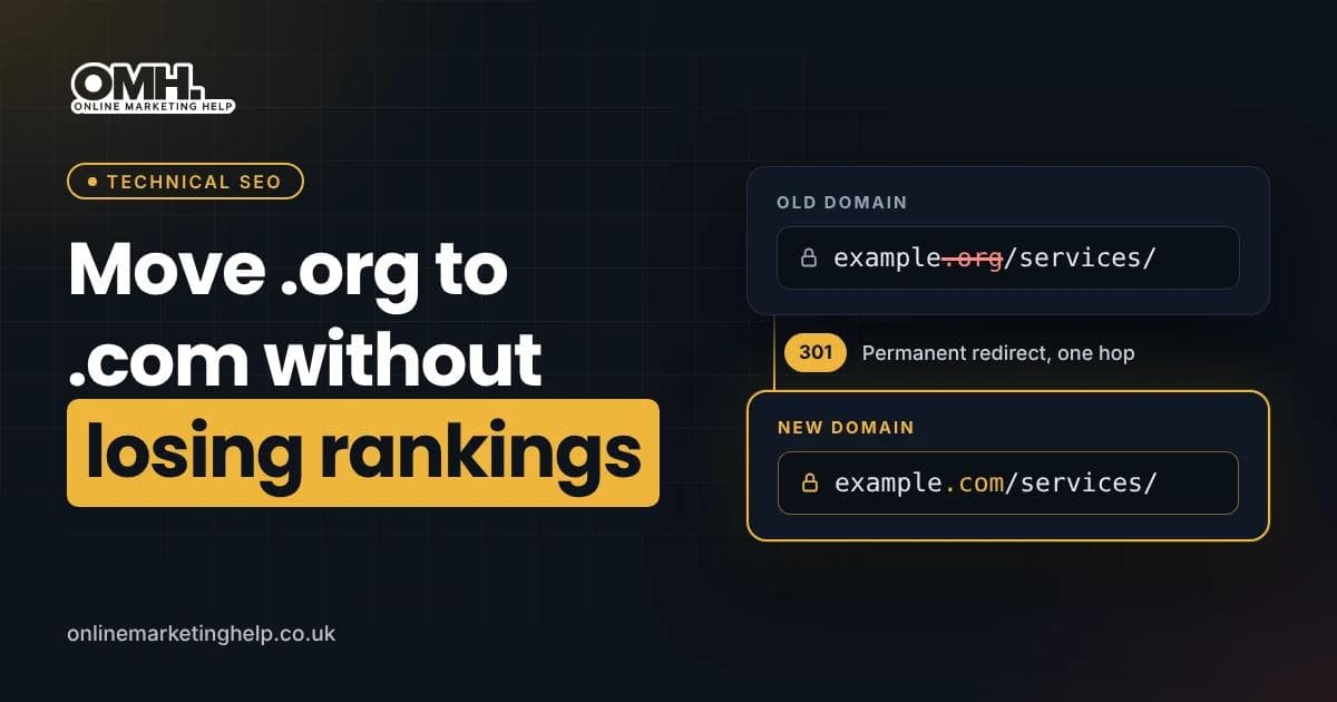 Move .org to .com without losing SEO: 301 redirects, backlinks and rankings carried to the new domain